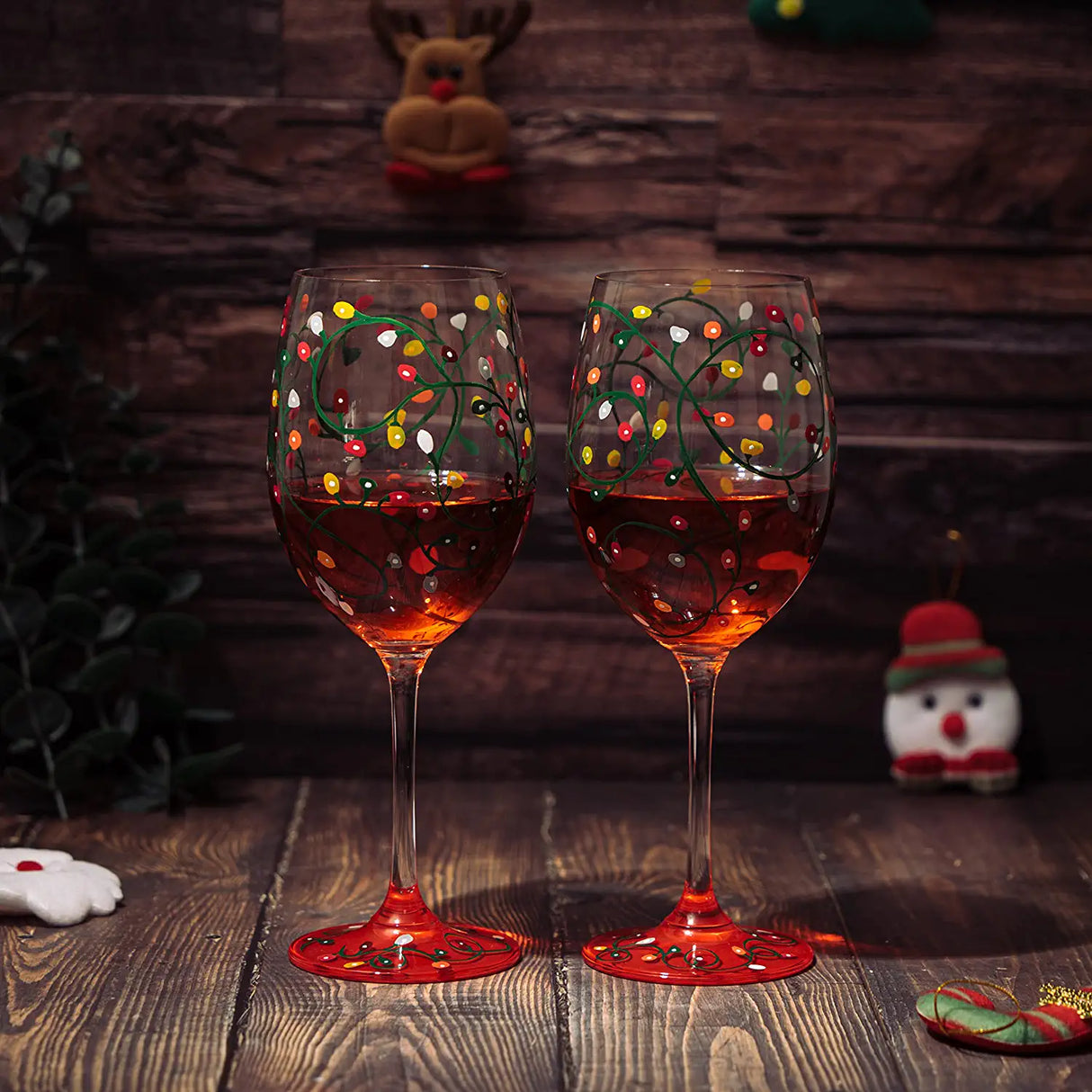 Stemmed Christmas Lights Wine Glasses Set of 2 - Hand Painted Wine Glass Ornament Light Bulbs Glasses, Perfect for Wine, Champagne, Holiday Parties and Festivities - 9.5" High, 21 oz Capacity by The Wine Savant