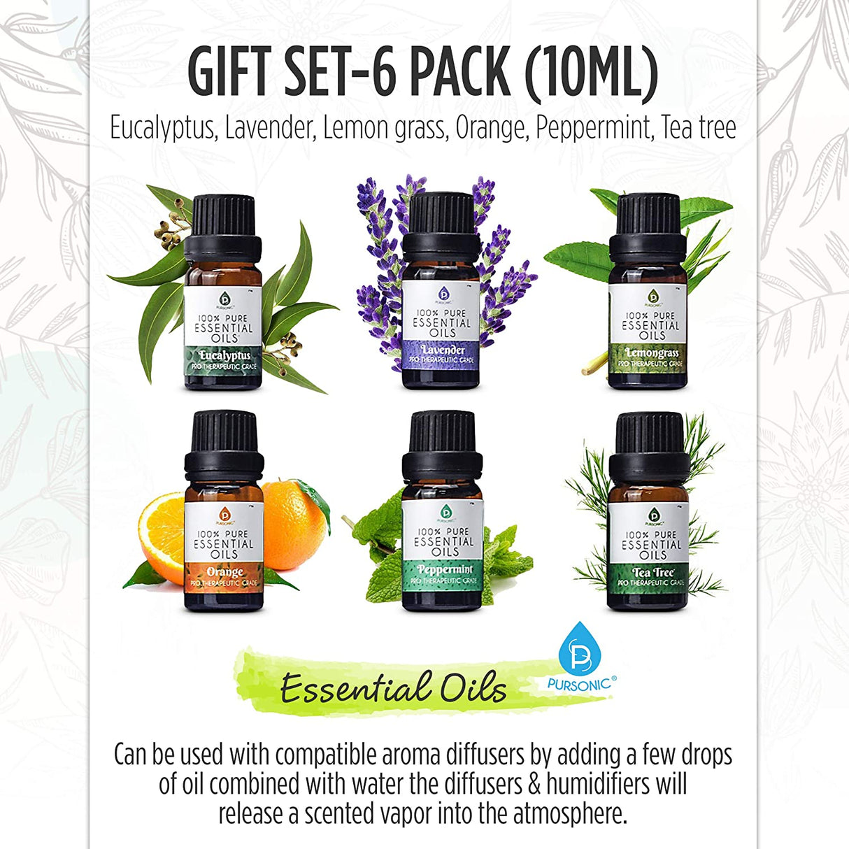 6 Pack of 100% Pure Essential Aromatherapy Oils by Pursonic