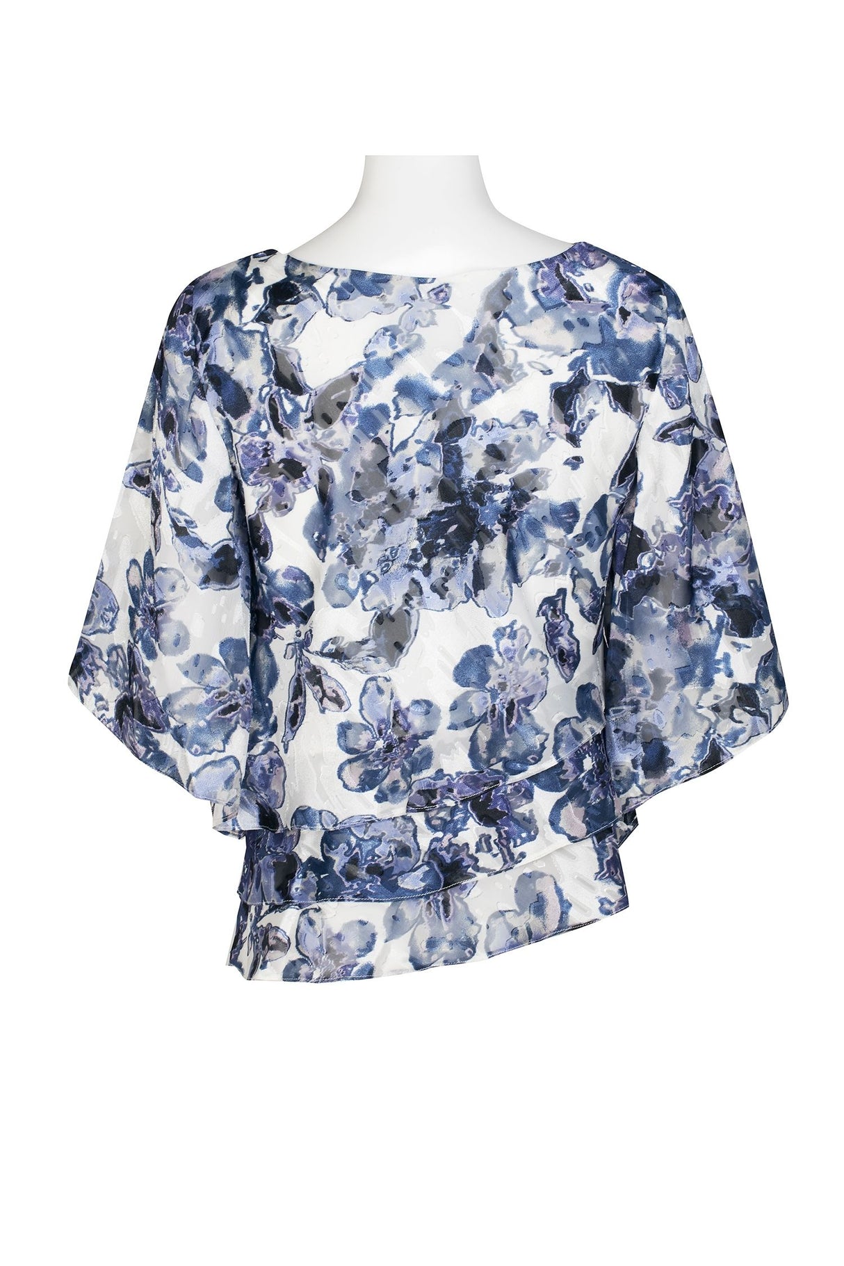 Alex Evenings Boat Neck 3/4 Sleeve Multi Print Asymmetrical Triple Tier Hem Chiffon Top by Curated Brands