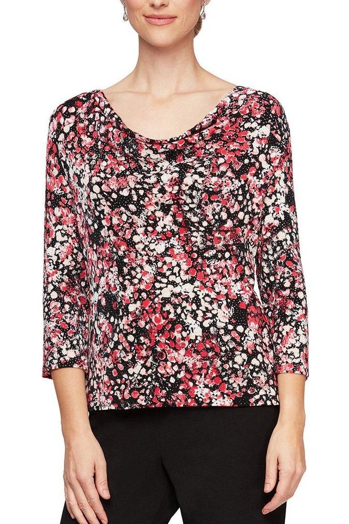 Alex Evenings Cowl Neck 3/4 Sleeve Multi Print Jersey Top by Curated Brands