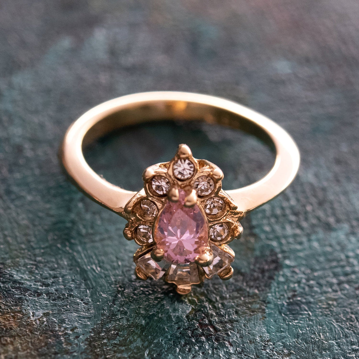 Vintage 1990's Ring Ruby and Clear Austrian Crystals 18k Yellow Gold Plated by PVD Vintage Jewelry