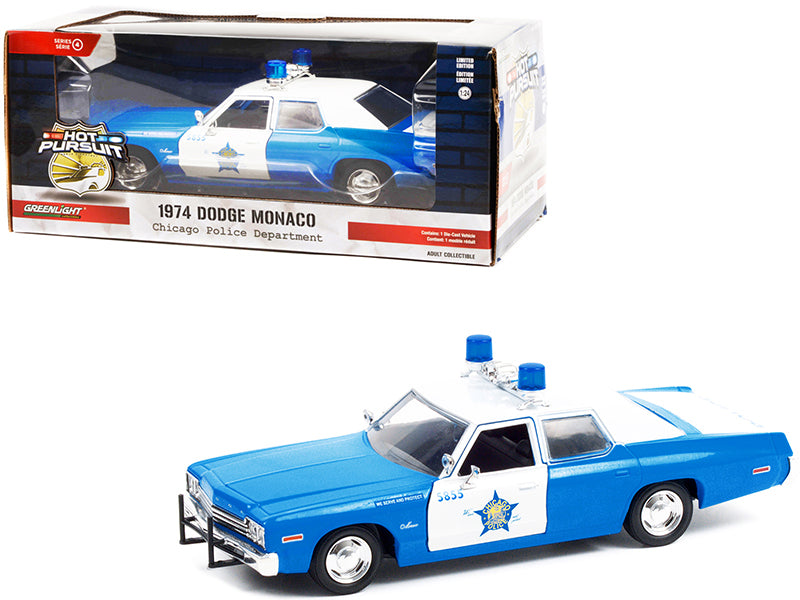 1974 Dodge Monaco Blue and White CPD "Chicago Police Department" (Illinois) "Hot Pursuit" Series 1/24 Diecast Model Car by Greenlight