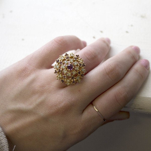 Vintage Amethyst and Pinfire Opal Burst Ring 18k Yellow Gold Electroplated by PVD Vintage Jewelry