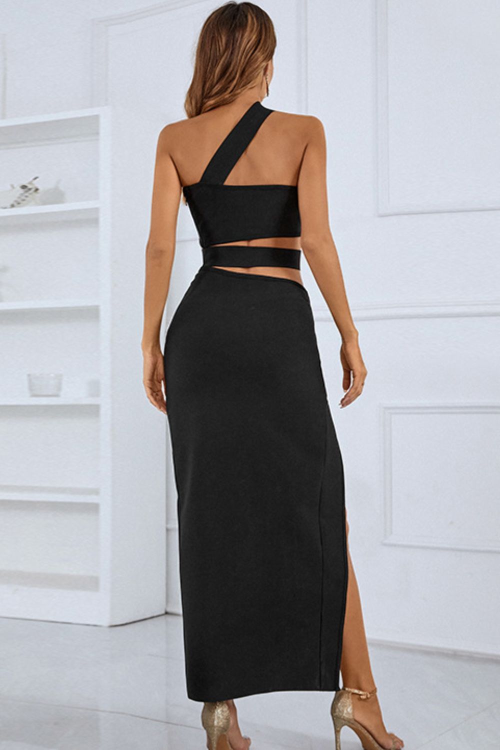 One-Shoulder Cutout Front Split Maxi Dress by Faz