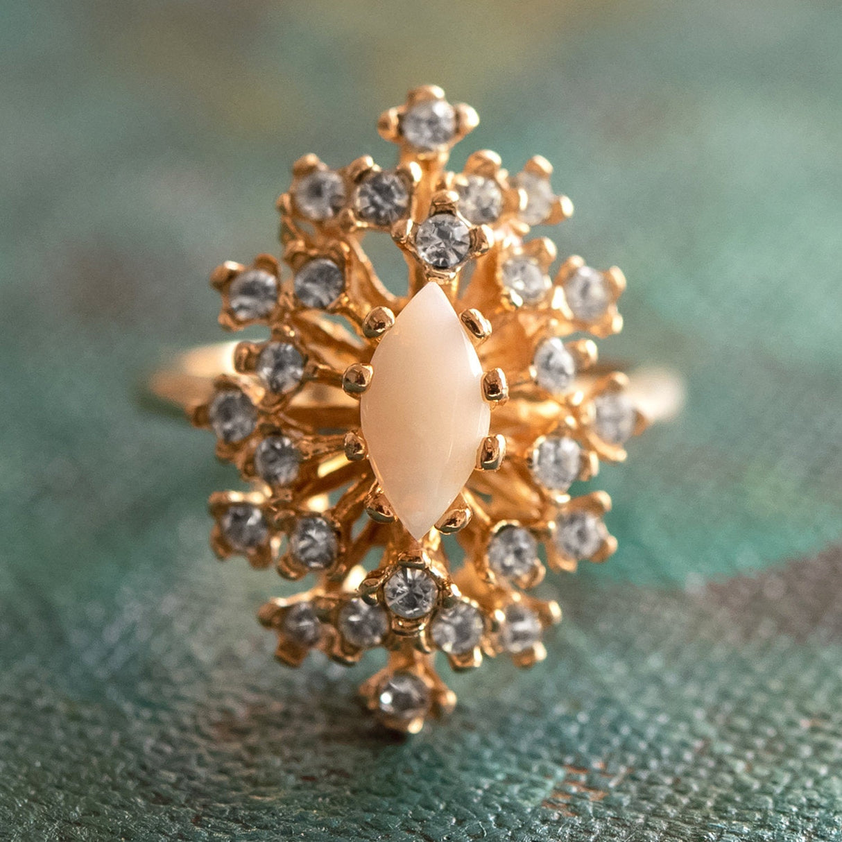 Vintage Ring Genuine Opal with Clear and Ruby Austrian Crystals 18kt Yellow Gold Electroplated by PVD Vintage Jewelry