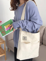 Simple Solid Color With-pockets Canvas Handbag by migunica