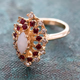 Vintage Ring Genuine Opal with Clear and Ruby Austrian Crystals 18kt Yellow Gold Electroplated by PVD Vintage Jewelry