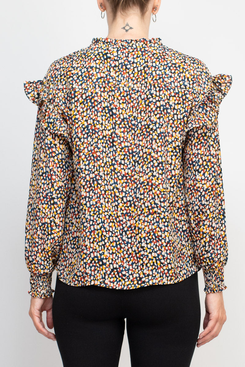 Counterparts crew tie neck elastic cuff long sleeve ruffle multi print chiffon top by Curated Brands