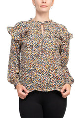 Counterparts crew tie neck elastic cuff long sleeve ruffle multi print chiffon top by Curated Brands