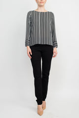 Counterparts Boat Neck Cuffed Long Sleeve Stripe Print Crepe Top by Curated Brands