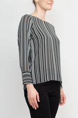 Counterparts Boat Neck Cuffed Long Sleeve Stripe Print Crepe Top by Curated Brands