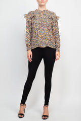 Counterparts crew tie neck elastic cuff long sleeve ruffle multi print chiffon top by Curated Brands