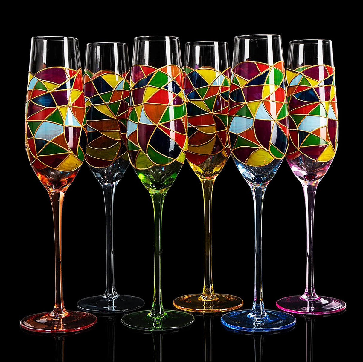 Stained Glass Champagne Flutes Set of 6 Hand Painted - Wine Savant - Hand Blown 7 Ounce Colorful Renaissance Champagne Glasses - 10.2" Tall, 2.7" Diameter Rainbow Multicolor Design Glassware by The Wine Savant