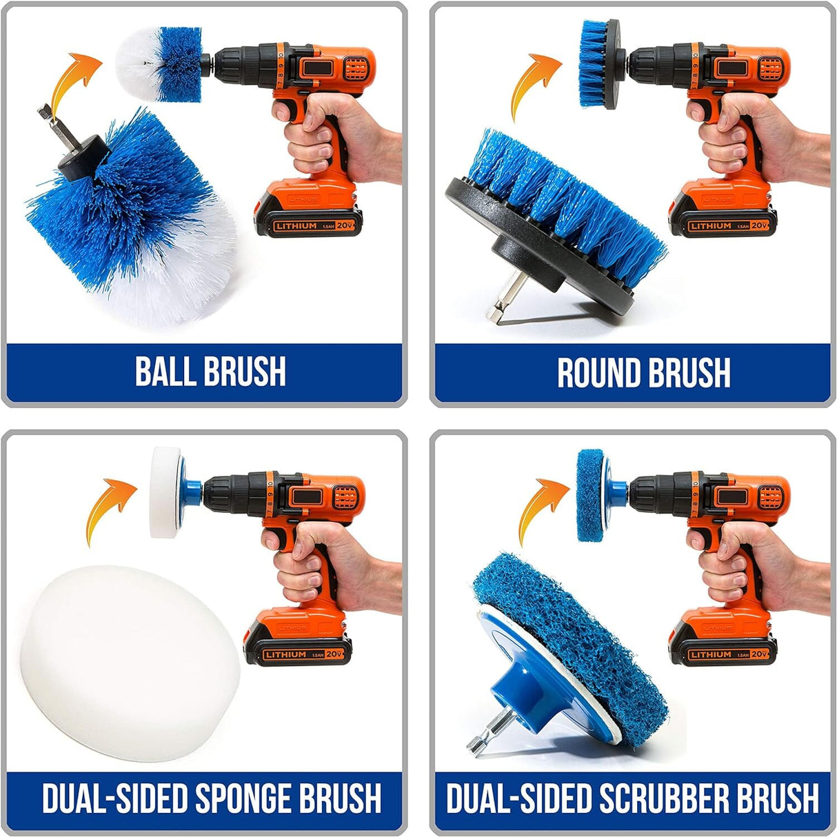 RevoClean 4 Piece Scrub Brush Power Drill Attachments-All Purpose Time Saving Kit-Perfect for Cleaning Grout, Tile, Counter, Shower, Grill, Floor, Kitchen, Blue & White by TubShroom.com