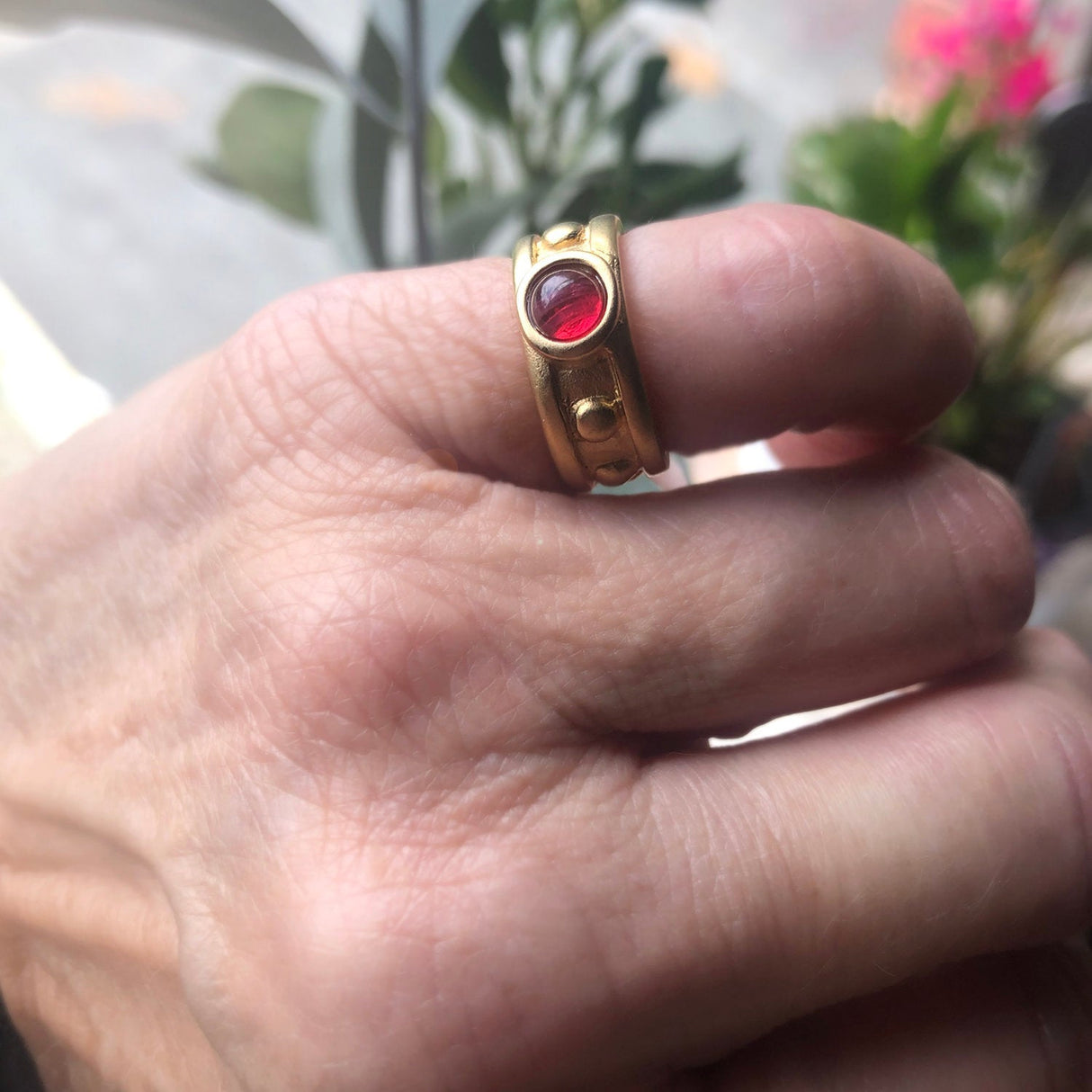 Vintage Ring 1970s Sapphire Cabocon Glass Ring 18k Brushed Gold September Birthstone #R3095 by PVD Vintage Jewelry