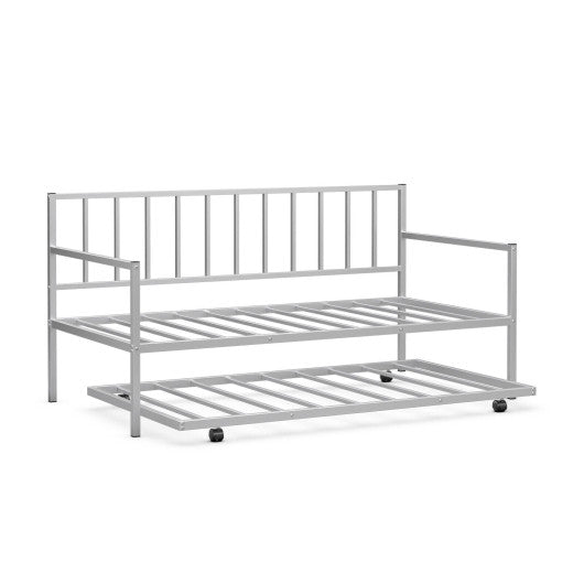 Twin Metal Daybed Sofa Bed Set with Roll Out Trundle-Silver