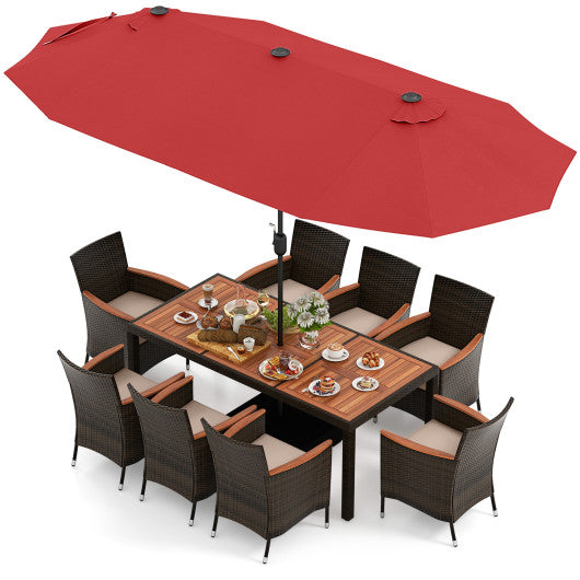 10 Piece Outdoor Dining Set with 15 Feet Double-Sided Twin Patio Umbrella-Red