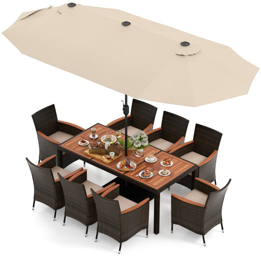 10 Piece Outdoor Dining Set with 15 Feet Double-Sided Twin Patio Umbrella-Beige