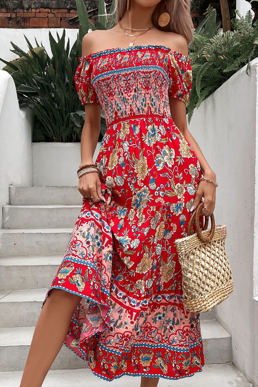 Floral Off-Shoulder Smocked Midi Dress by Faz