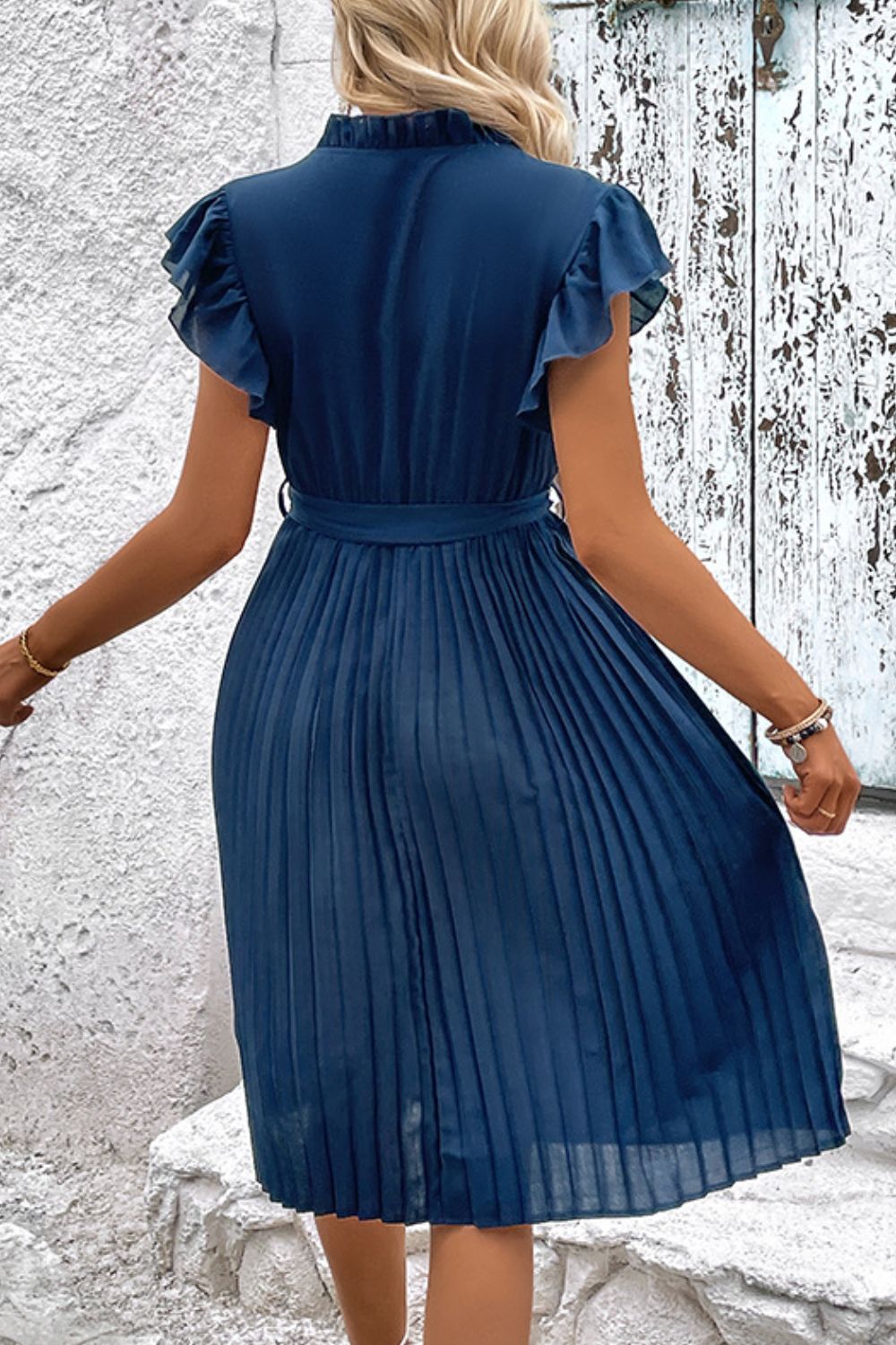 Tie Neck Belted Pleated Dress by Faz