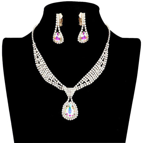 Rhinestone Pave Teardrop Collar Necklace & Clip Earring Set by Madeline Love