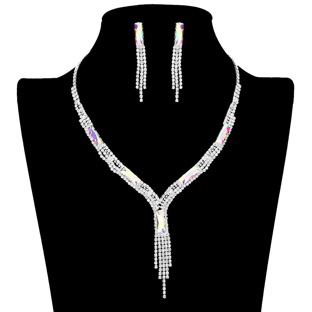 Rectangle Stone Accented Rhinestone Fringe Tip Jewelry Set by Madeline Love