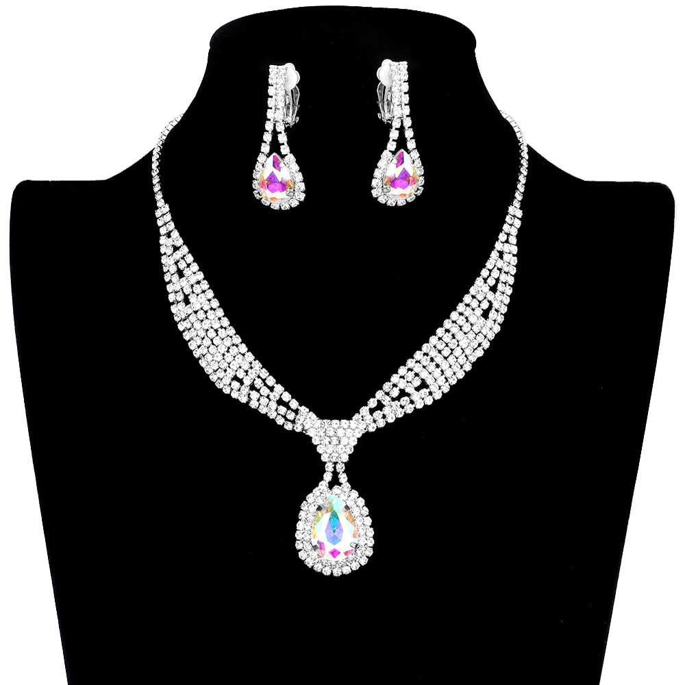 Rhinestone Pave Teardrop Collar Necklace & Clip Earring Set by Madeline Love