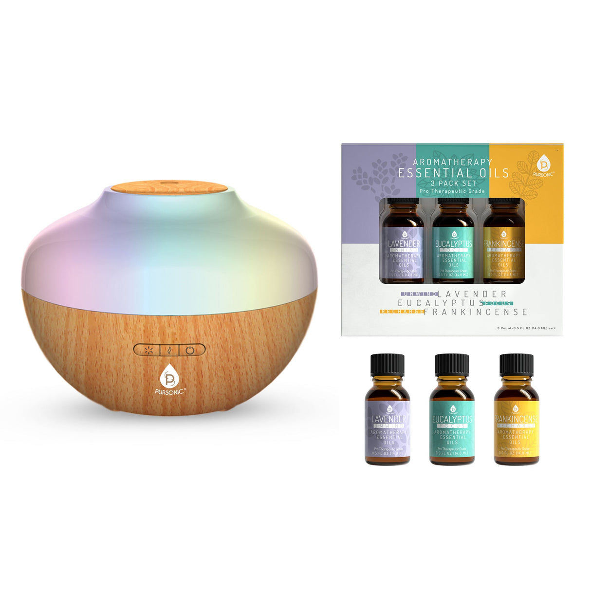 Pursonic Aromatherapy Diffuser & Essential Oil Set-Ultrasonic Top 3 Oils-300ml with 2 Mist Settings 7 Ambient Light Settings by Pursonic