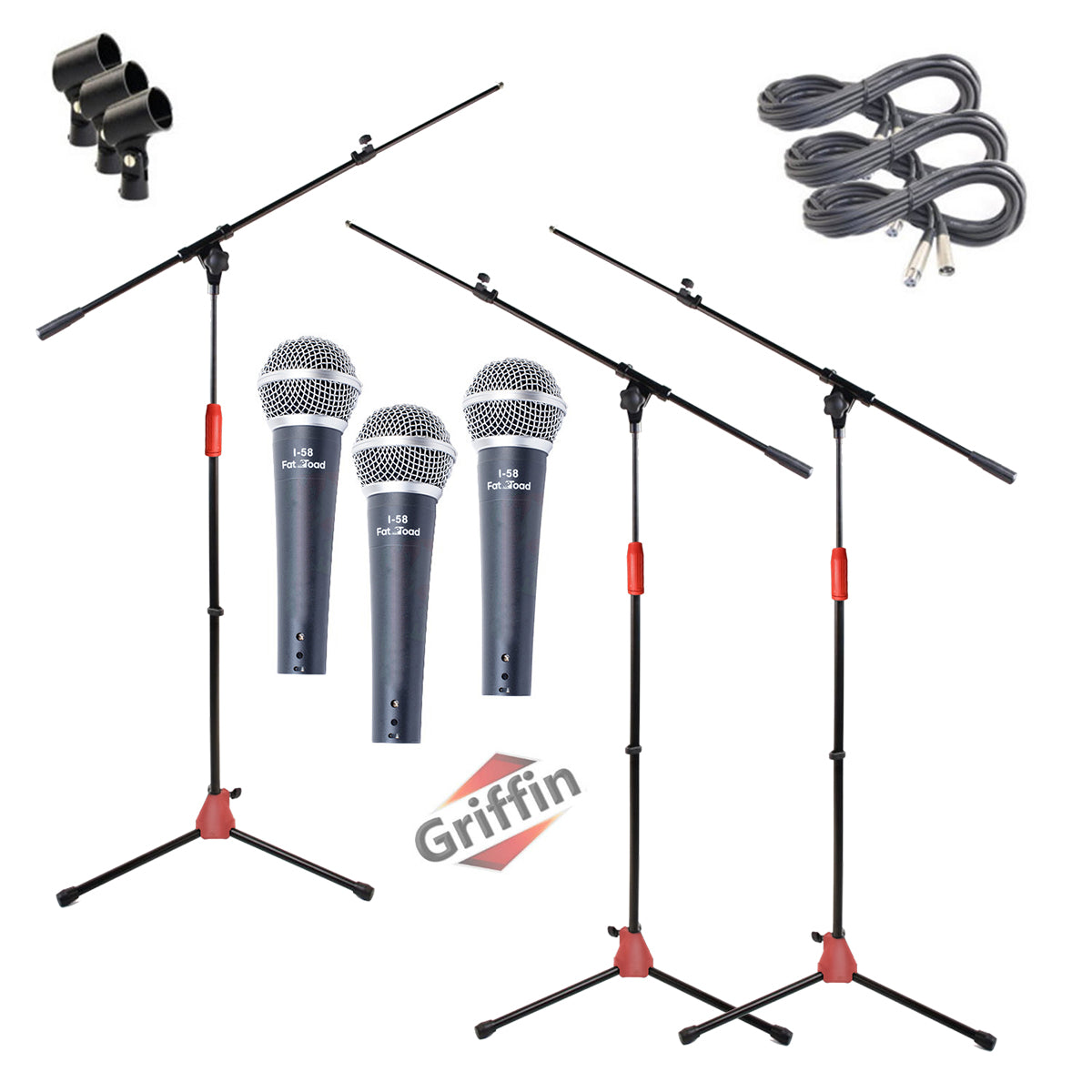 GRIFFIN Microphone Boom Stand & Cardioid Wired Mic, XLR Cable, & Clip (Pack of 3) - Telescoping Arm Holder, Tripod Legs - Karaoke Vocal Singing Stage by GeekStands.com