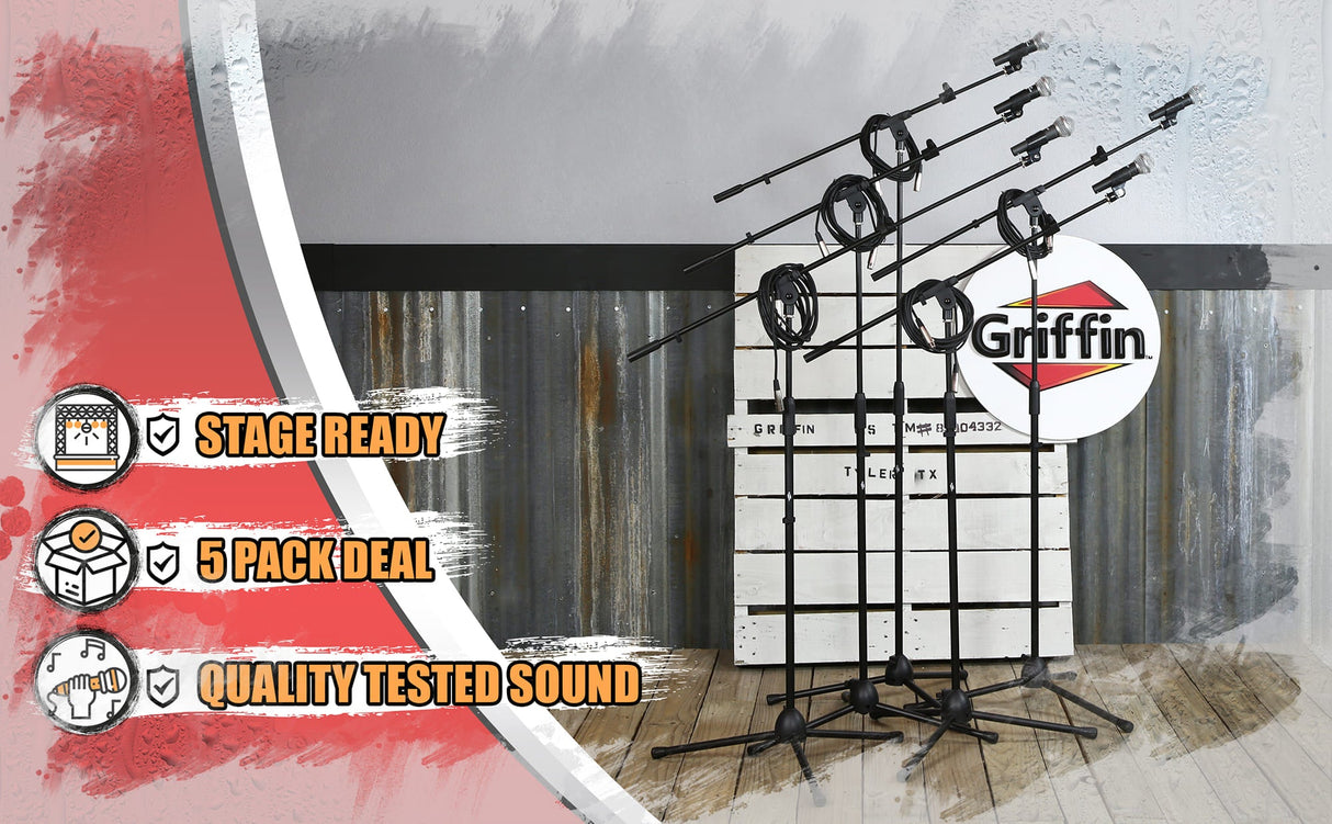 GRIFFIN Microphone Stand Package of 5 with Vocal Unidirectional Mics & XLR Cables - Handheld Cardioid Dynamic Microphones for Home Studio Recording by GeekStands.com