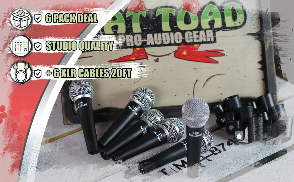 Cardioid Vocal Microphones with XLR Mic Cables & Clips (6 Pack) by FAT TOAD - Dynamic Handheld by GeekStands.com