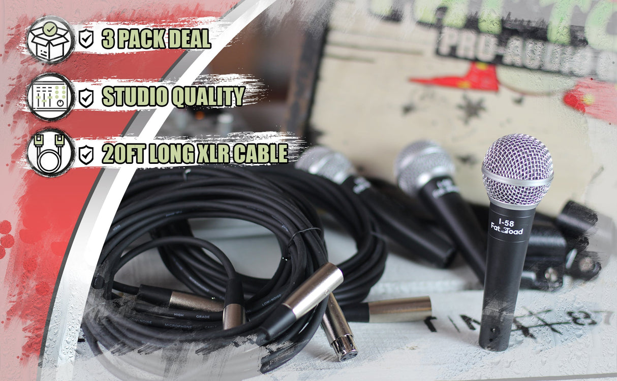 Dynamic Vocal Microphones with XLR Mic Cables & Clips (3 Pack) by FAT TOAD - Cardioid Handheld, Unidirectional for Home Music Live Studio Recording by GeekStands.com