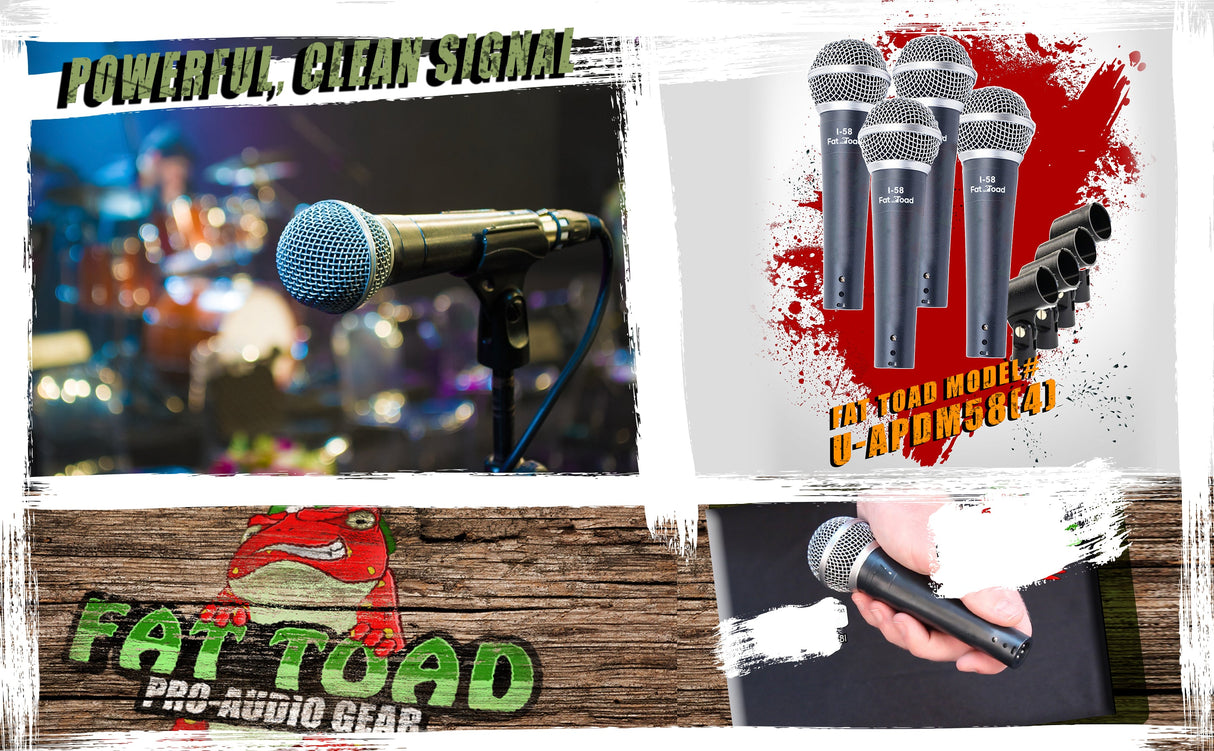 Cardioid Microphones with Clips (4 Pack) by FAT TOAD - Vocal Handheld, Wired Unidirectional Mic - Singing Microphone for Music Stage Performance by GeekStands.com