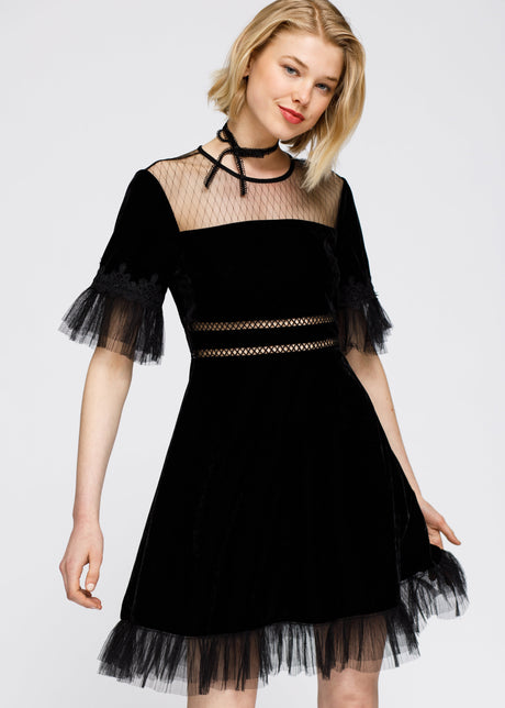 Women's Mesh Contrast Velvet Dress In Black by Shop at Konus