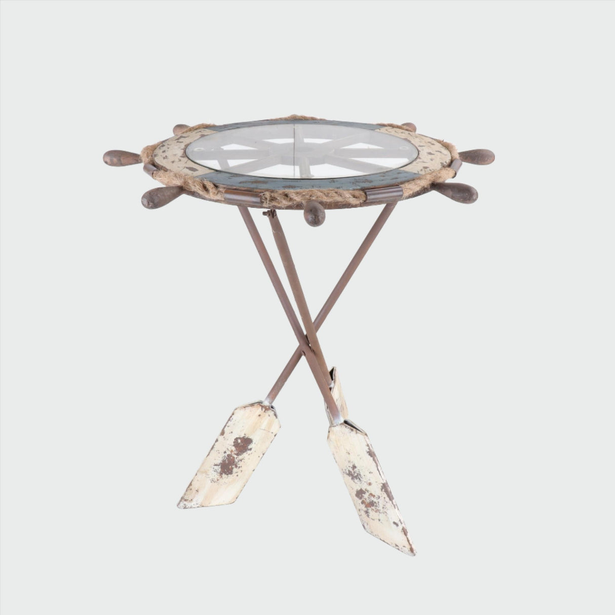 Wheel Table made of Wood, Glass & Metal Paddle Legs - Coastal Decor Coffee Table and End Table by Peterson Housewares & Artwares