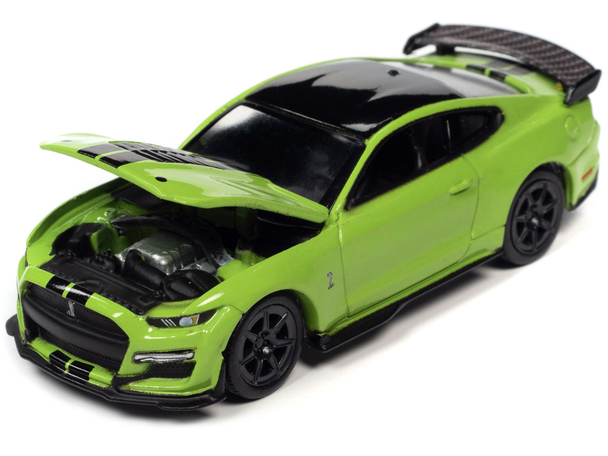 2020 Shelby GT500 Carbon Fiber Track Pack Grabber Lime Green with Black Stripes and Black Top "Modern Muscle" Limited Edition 1/64 Diecast Model Car by Auto World