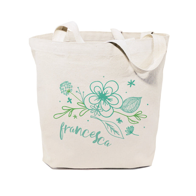 Personalized Name Aqua Floral Cotton Canvas Tote Bag by The Cotton & Canvas Co.