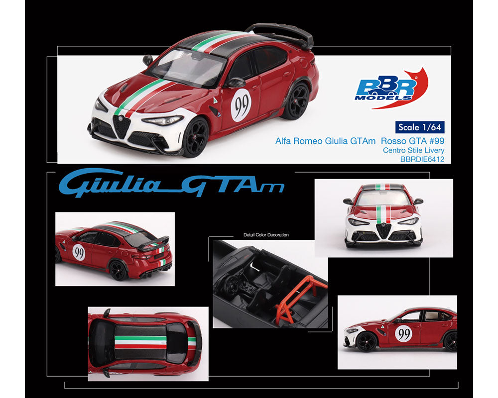 Alfa Romeo Giulia GTAm #99 Rosso GTA Red with Carbon Top and Stripes "Centro Stile" Livery 1/64 Diecast Model Car by BBR