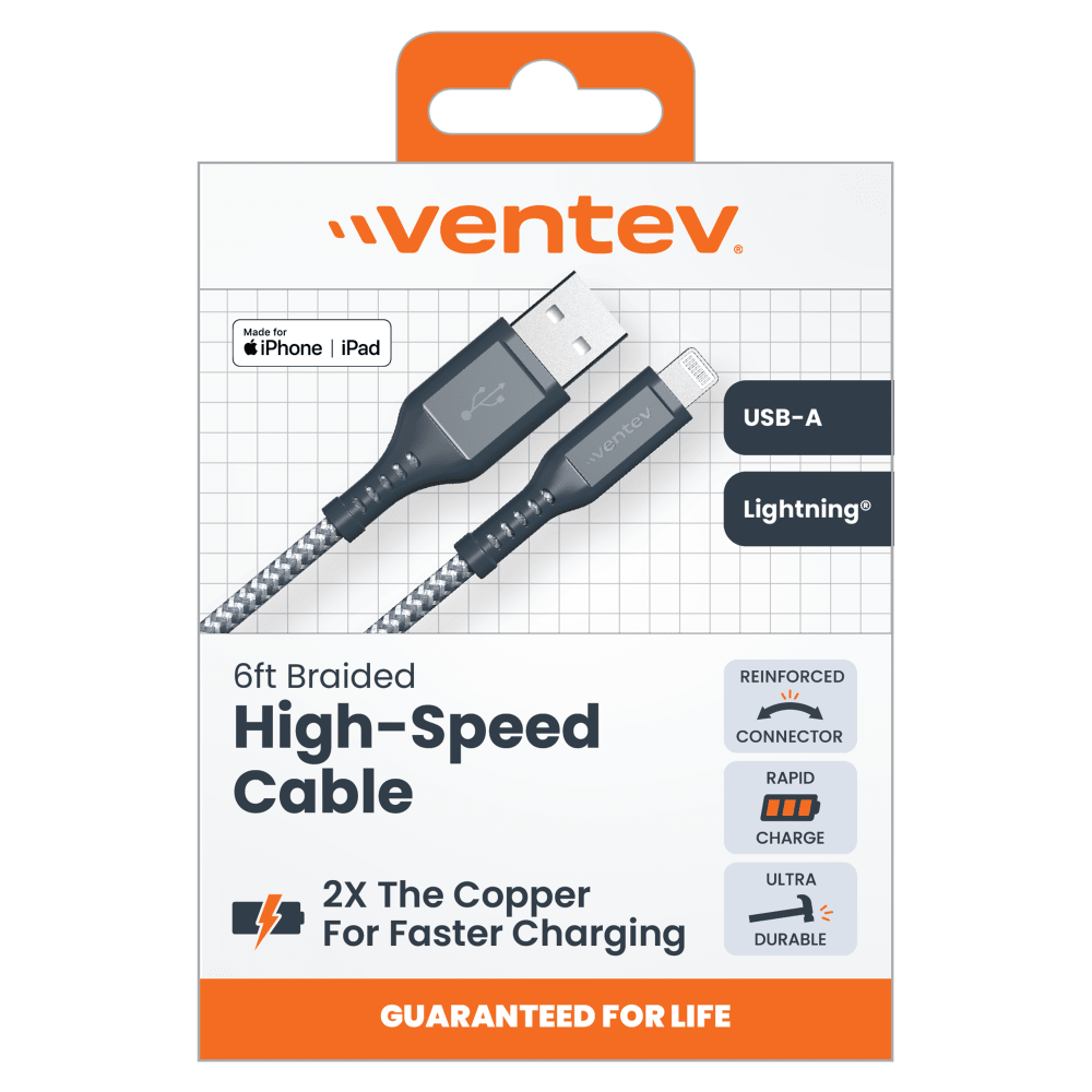 Ventev High Speed USB A to Apple Lightning Braided Cable with 2x the Copper for Faster Charging 6ft Gray by Ventev