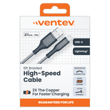 Ventev High Speed USB A to Apple Lightning Braided Cable with 2x the Copper for Faster Charging 6ft Gray by Ventev