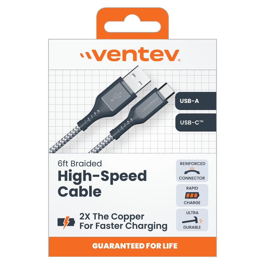 Ventev High Speed USB A to USB C Braided Cable with 2x the Copper for Faster Charging 6ft Gray by Ventev