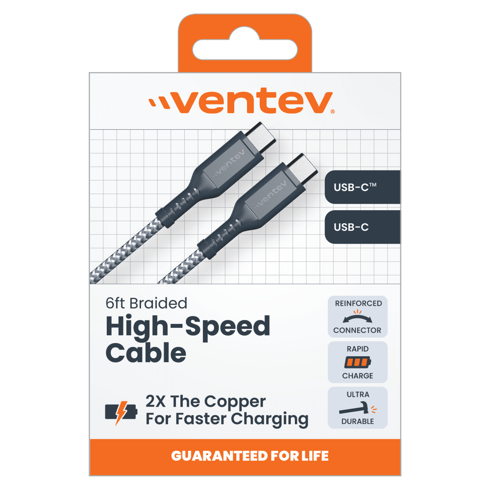 Ventev High Speed USB C to USB C Braided Cable with 2x the Copper for Faster Charging 6ft Gray by Ventev