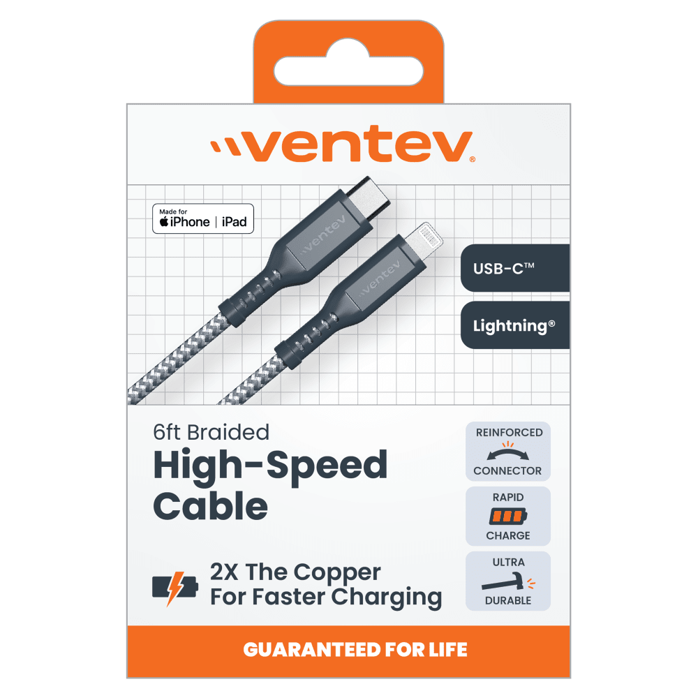 Ventev High Speed USB C to Apple Lightning Braided Cable with 2x the Copper for Faster Charging 6ft Gray by Ventev