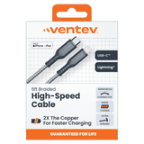 Ventev High Speed USB C to Apple Lightning Braided Cable with 2x the Copper for Faster Charging 6ft Gray by Ventev