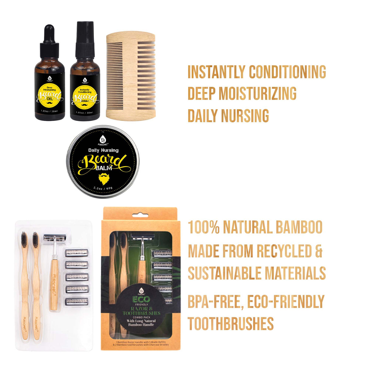 Pursonic Beard Care Grooming Kit & Eco Friendly Razor + Toothbrushes Combo Pack by Pursonic