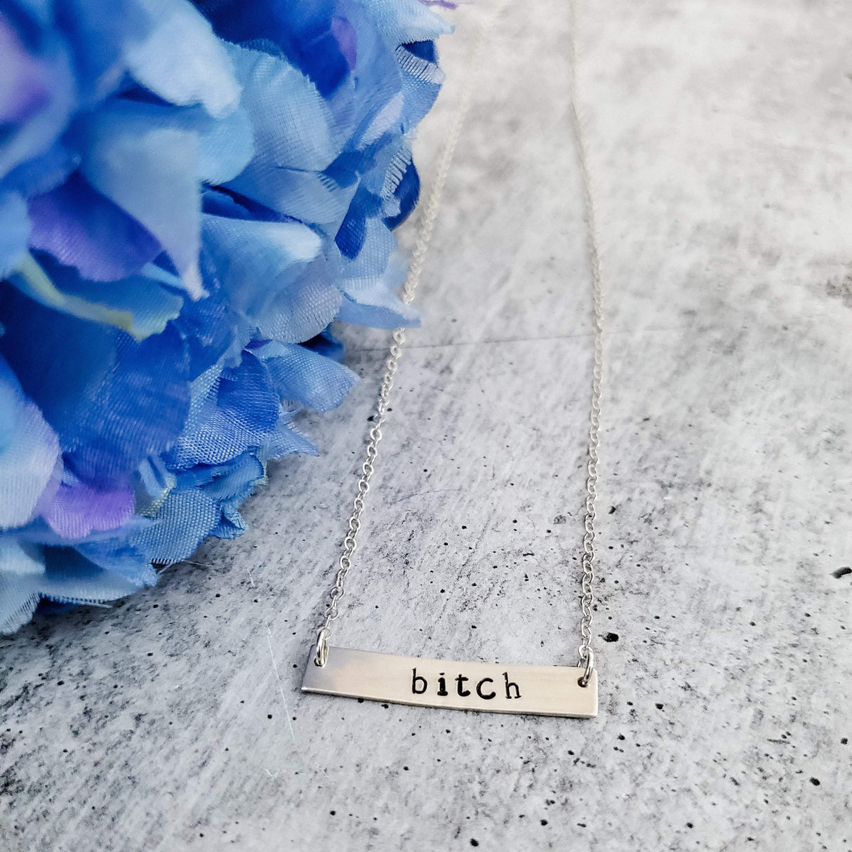 BITCH Hand Stamped Bar Necklace by Salt and Sparkle