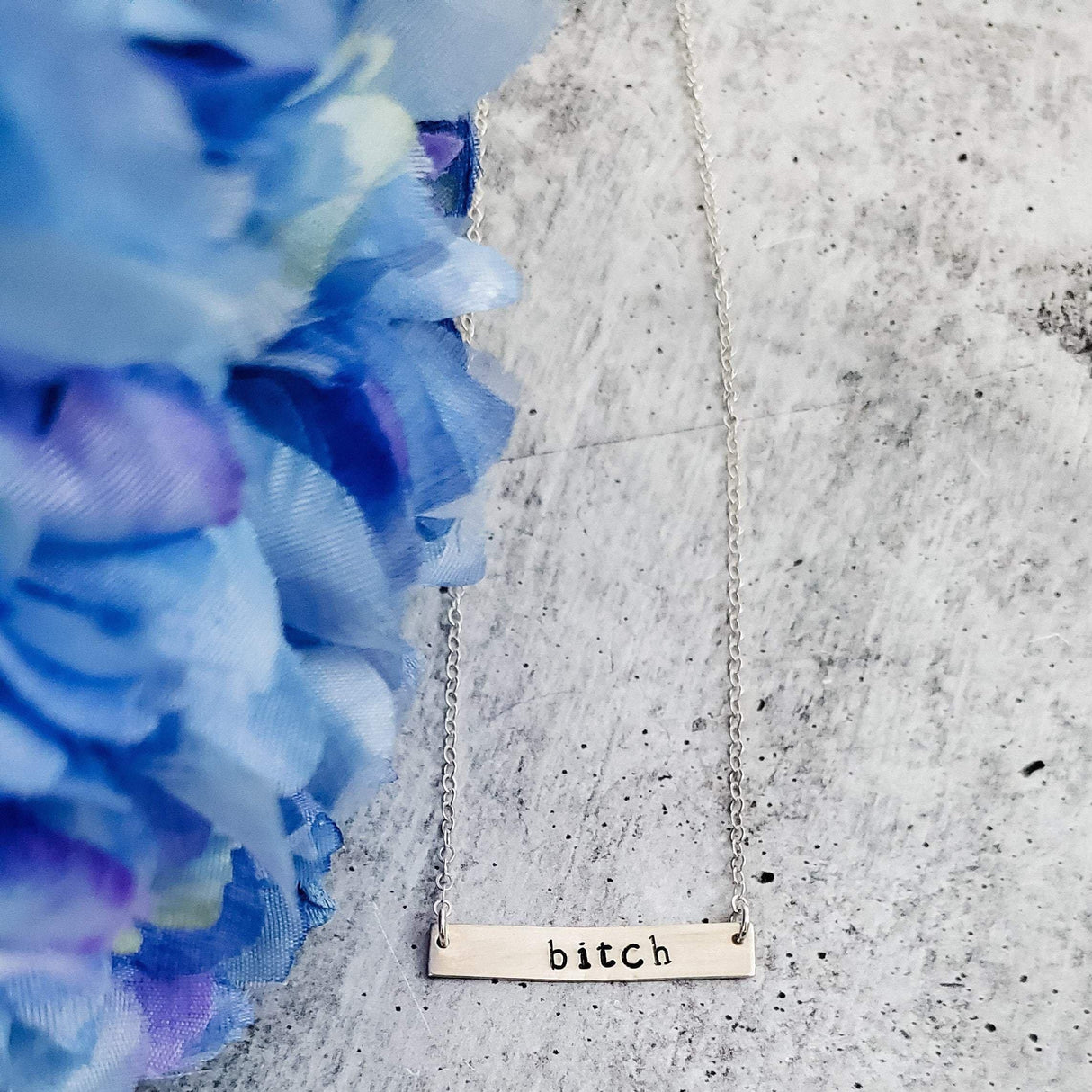 BITCH Hand Stamped Bar Necklace by Salt and Sparkle