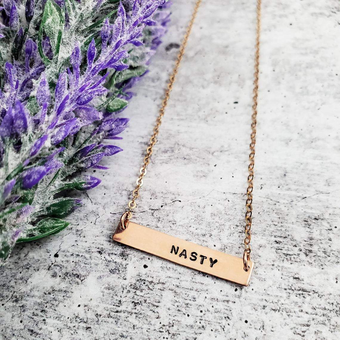 BITCH Hand Stamped Bar Necklace by Salt and Sparkle