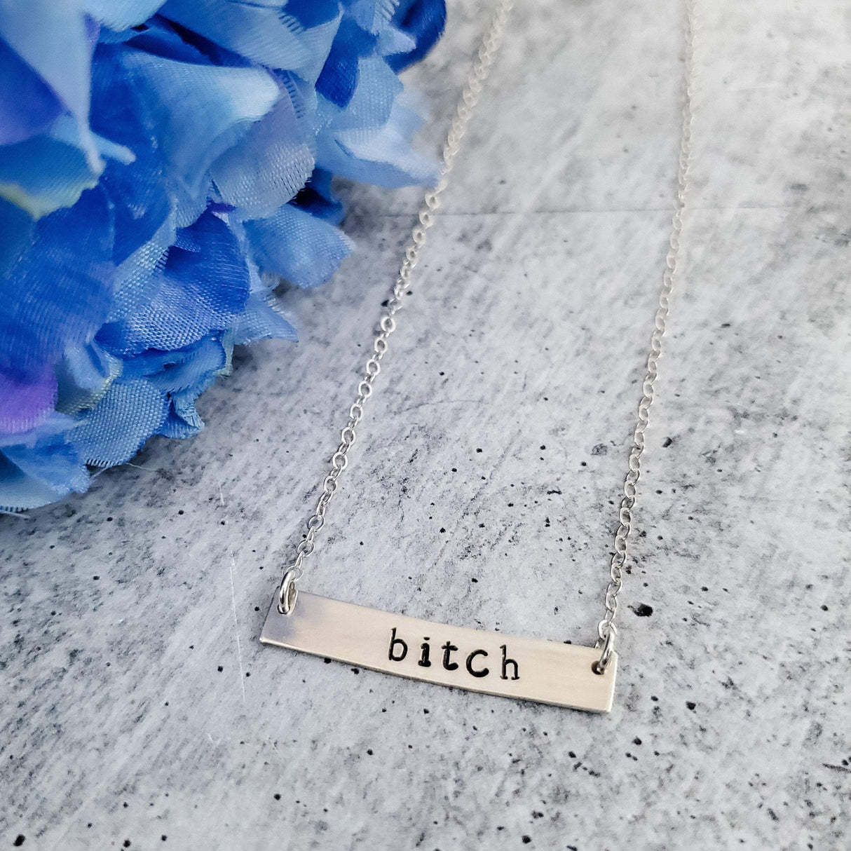 BITCH Hand Stamped Bar Necklace by Salt and Sparkle