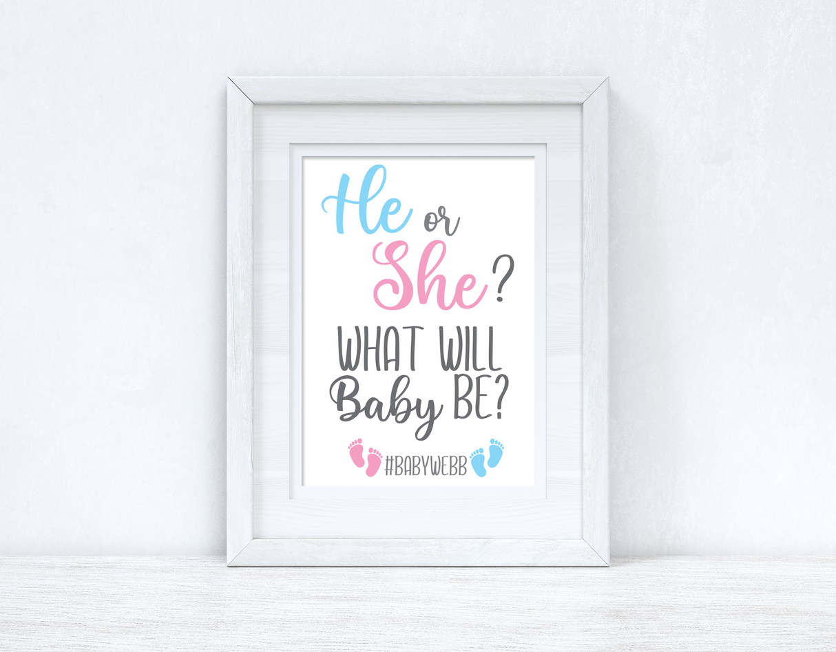 He Or She? What Will Baby Be? Custom #Last Name Baby Announcement Unisex Simple Room Wall Decor Print by WinsterCreations™ Official Store